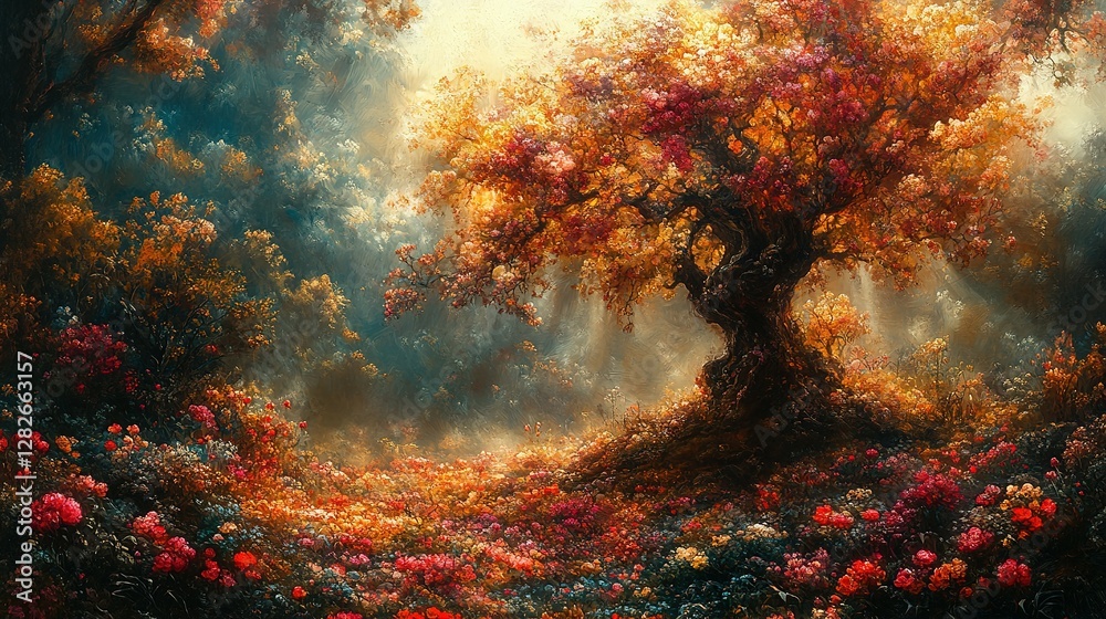 A Large Tree And Lush Flowers In The Forest A Large Tree And Lush Flowers In The Forest