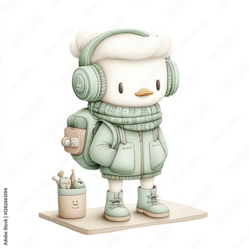 Naklejka premium Cute Duck Traveler Digital Art Pastel Headphones Backpack Boots Illustration
