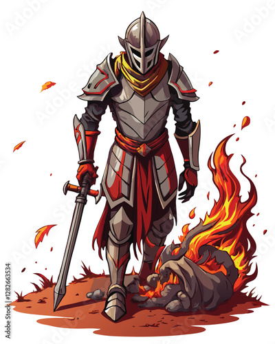 A weathered knight, his rusted armor bearing the scars of countless battles, stands amidst a desolate landscape, his broken sword embedded in the earth.