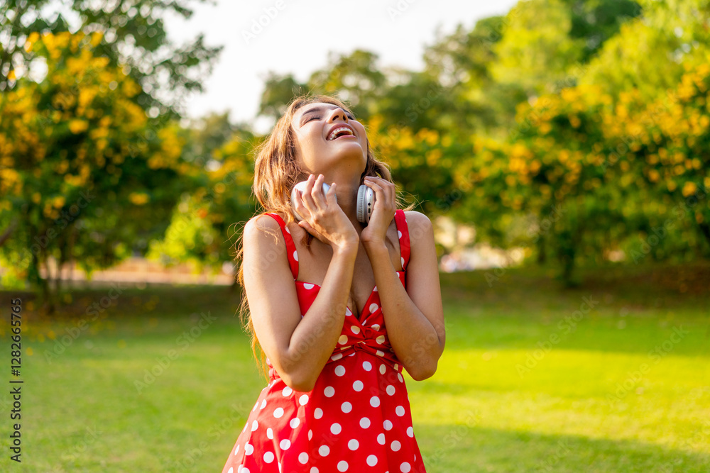 Young Woman in Retro Red Polka Dot Dress Wearing Headphones Listening and Enjoying Music in a Park Happily, Immersing with Nature Young Woman in Retro Red Polka Dot Dress Wearing Headphones Listening and Enjoying Music in a Park Happily, Immersing with Nature