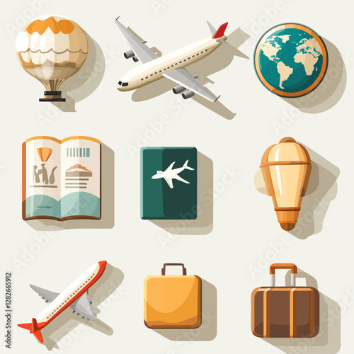 Travel and Adventure Icons Featuring Airplanes, Globe, Passport, and Luggage