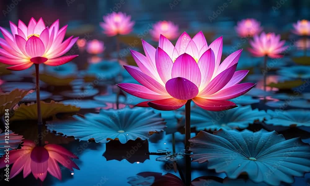 amazing glowing lotus flowers in lotus pond 4k video