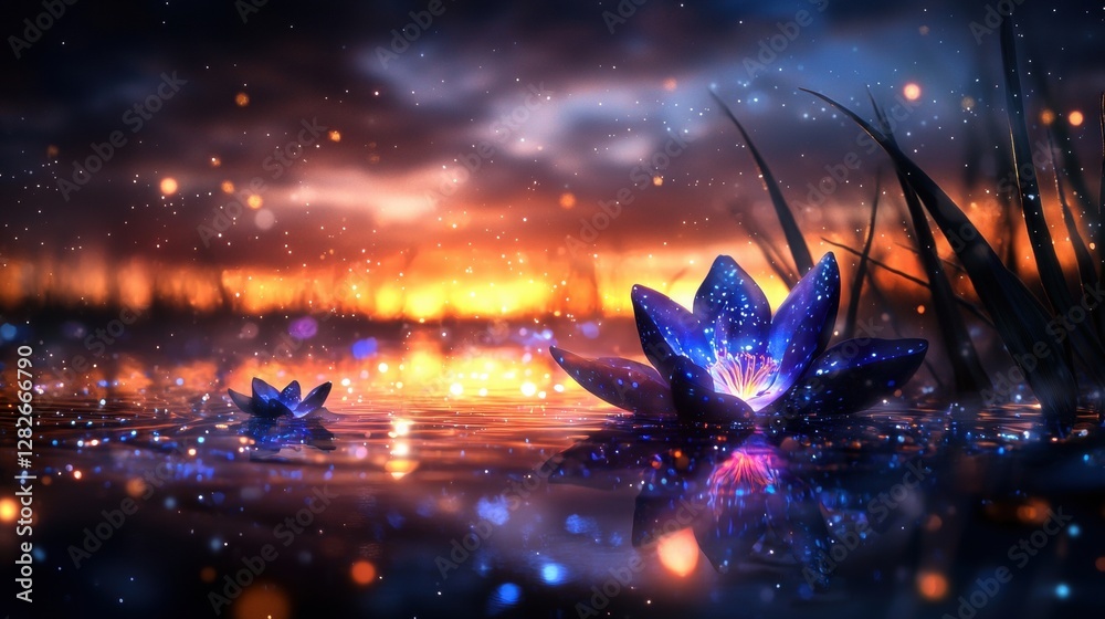 Obraz premium Enchanted Wetland at Twilight: A Mesmerizing Digital Painting of Luminous Lotus Flowers Under a Starry Sky with Reflective Water Surface and Vibrant Nature Elements