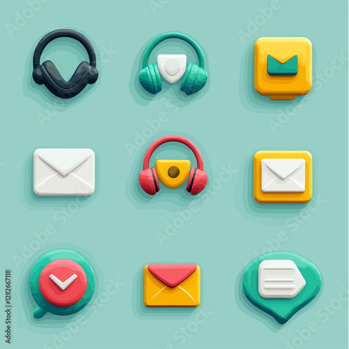 Communication icon set featuring headphones, messages, speech bubble