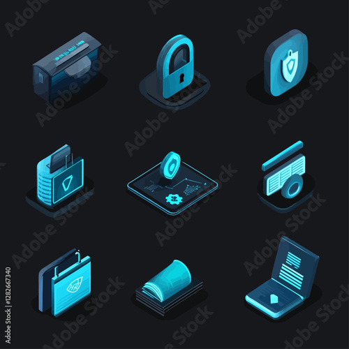 Isometric cybersecurity icons concept with neon blue data protection symbols