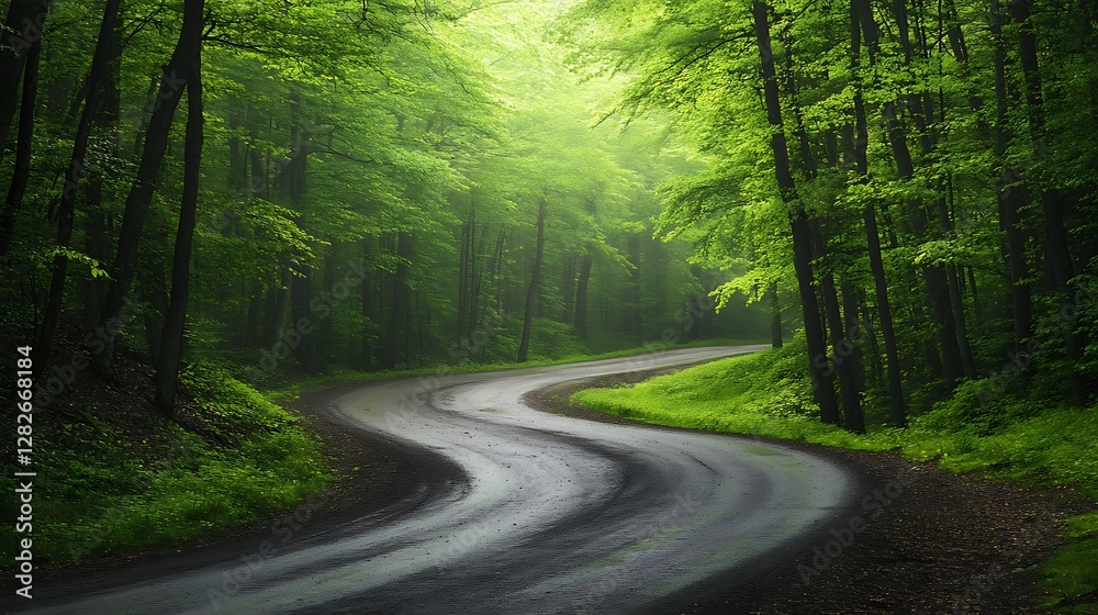 Obraz premium Serene Winding Road Through Lush Green Forest