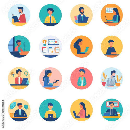 Diverse People Working Remotely on Laptops in Circles on White Background
