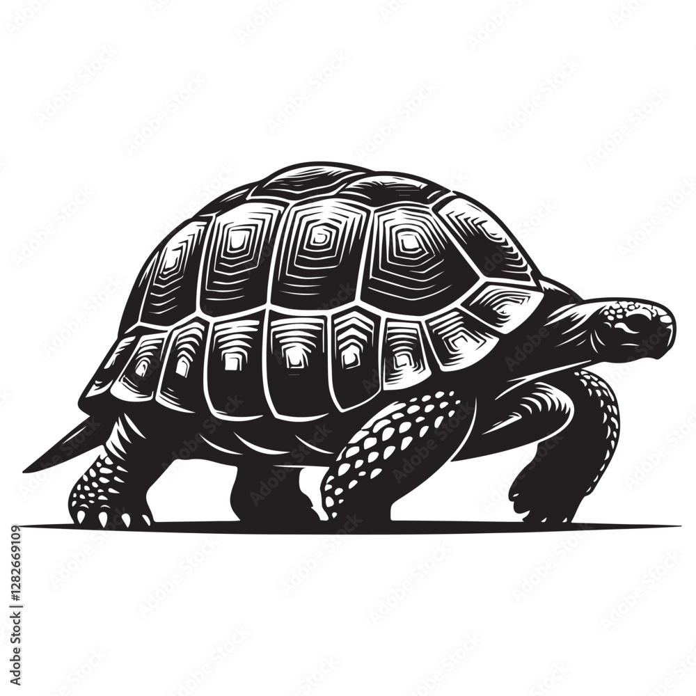 Fototapeta premium Tortoise walking Silhouette Vector Illustration, Solid White Background.