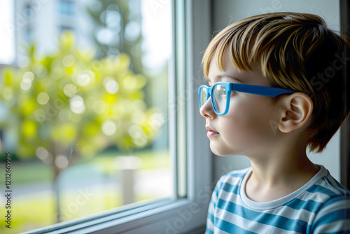 Focusing on Myopia Prevention: A Young Child Wearing Blue Glasses Observes a Distant Tree photo