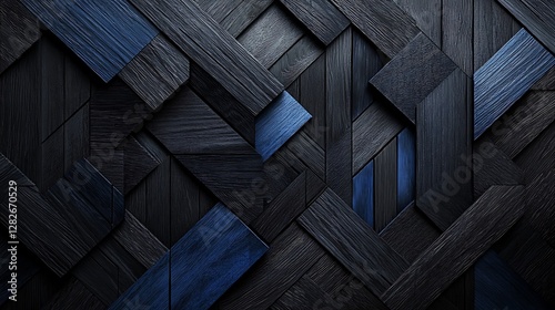 Dark textured wood panels with interlocking geometric pattern in deep blue and black tones

