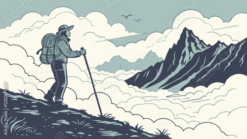 Hiker Standing on a Mountain Summit Above the Clouds. Perfect for: Mountain Climbing Events, Outdoor Expeditions, National Parks, Travel Campaigns