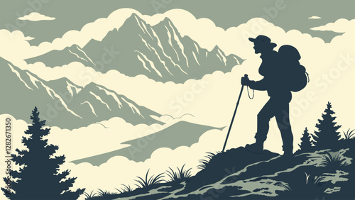 Hiker Standing on a Mountain Summit Above the Clouds. Perfect for: Mountain Climbing Events, Outdoor Expeditions, National Parks, Travel Campaigns