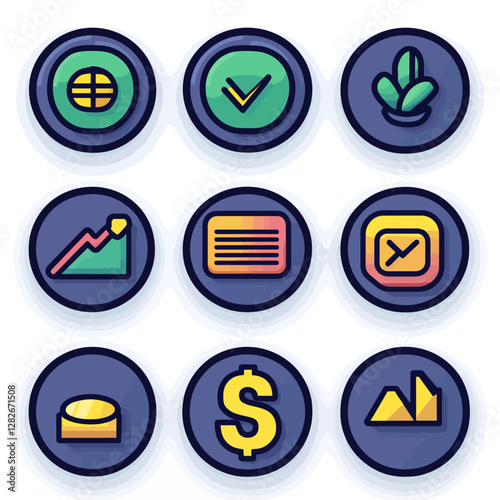 Business icon set featuring finance, graph, global, and email symbols