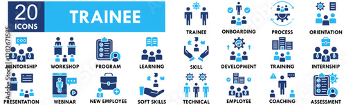 Trainee icon collection set. Containing design professional, work, job, employee, training