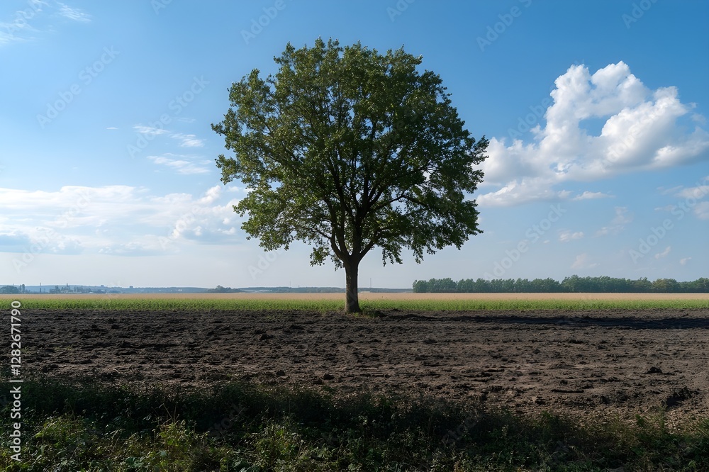 Obraz premium Between destruction and hope, a tree that divides the world in two, one surrounded by polluting plants and the other by unspoiled open fields