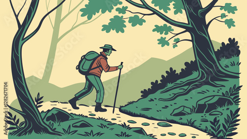 Man Hiking on a Forest Trail Surrounded by Greenery. Perfect for: Eco-Tourism, Adventure Travel, National Parks, Outdoor Activities