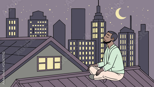 Man Meditating on a Rooftop Overlooking City Lights. Perfect for: Wellness Retreats, Mental Health Awareness, Urban Living, Self-Care
