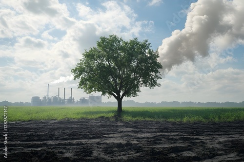 Between destruction and hope, a tree that divides the world in two, one surrounded by polluting plants and the other by unspoiled open fields