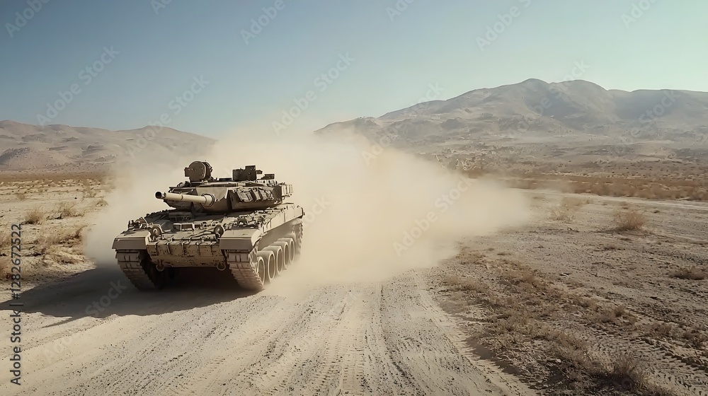 A heavily armored main battle tank navigating through a rugged desert battlefield kicking up a cloud of dust as it maneuvers across the harsh arid landscape A heavily armored main battle tank navigating through a rugged desert battlefield kicking up a cloud of dust as it maneuvers across the harsh arid landscape