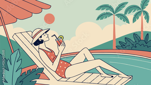 Woman Relaxing by the Pool with a Fruit Drink. Perfect for: Summer vacations, luxury resorts, tropical getaways