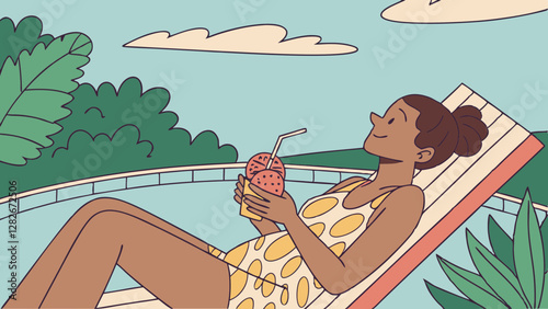 Woman Relaxing by the Pool with a Fruit Drink. Perfect for: Summer vacations, luxury resorts, tropical getaways
