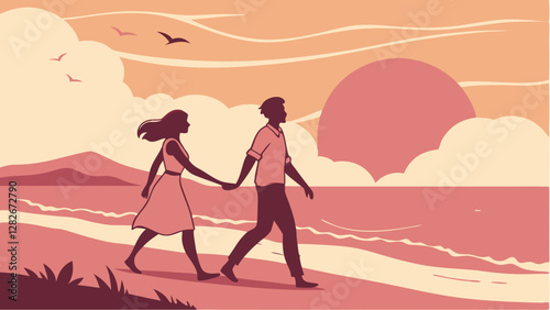Romantic Couple Walking on the Beach at Sunset. Perfect for: Valentine's Day, honeymoon destinations, romantic getaways