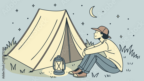 Young Man Camping Under a Starry Night Sky. Perfect for: National Camping Month, stargazing nights, adventure tourism