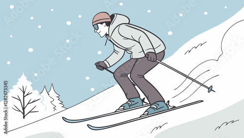 Young Man Skiing Down a Snowy Slope. Perfect for: Winter sports events, ski resorts, holiday vacations