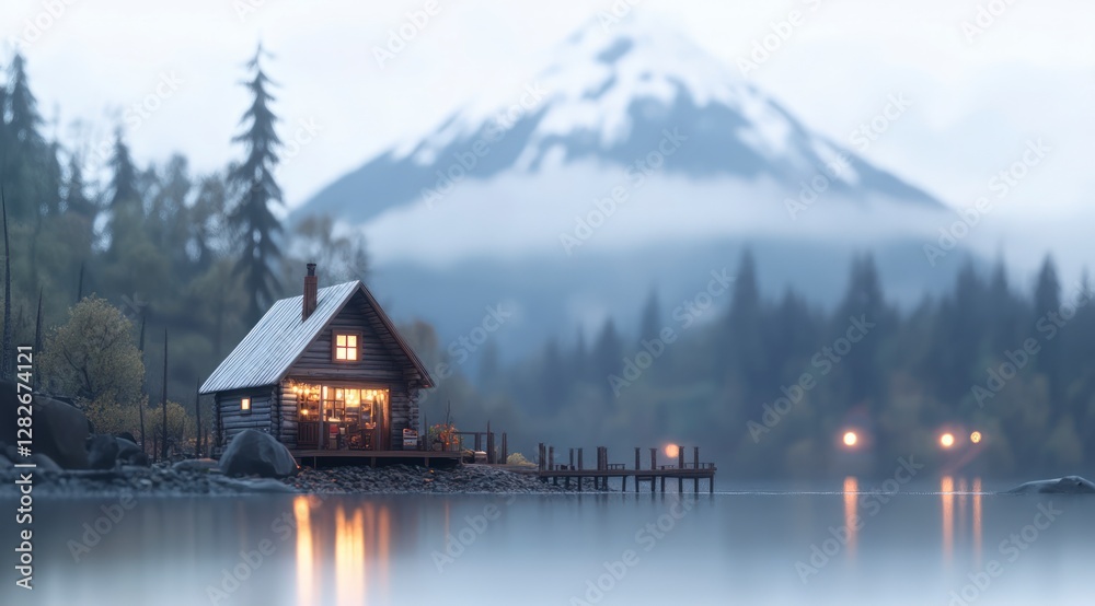 Naklejka premium Cozy Lakeside Cabin at Dusk Mountain View Night Lights Reflection