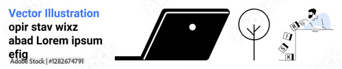 Laptop silhouette, abstract tree, person stacking alphabet blocks, emphasizing creativity, technology, education, balance, communication minimalism. Ideal for design learning focus digital work