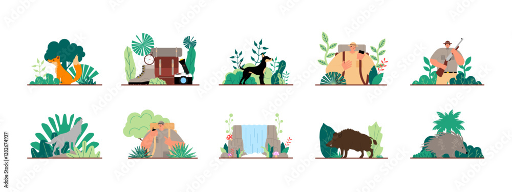 Fototapeta premium Jungle set illustration. Flat vector illustration concept.