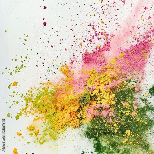 Holi Colorful Powder Burst on White Background, Holi