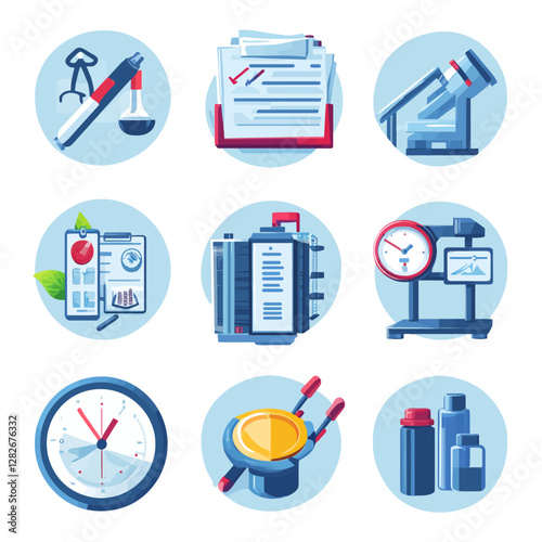 Medical research science equipment vector icons for laboratory and analysis