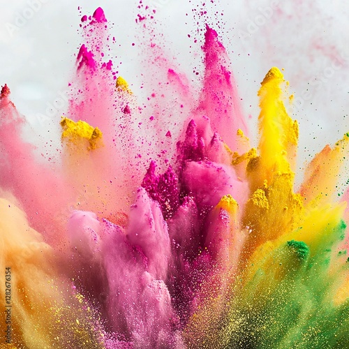 Holi Colorful Powder Burst on White Background, Holi