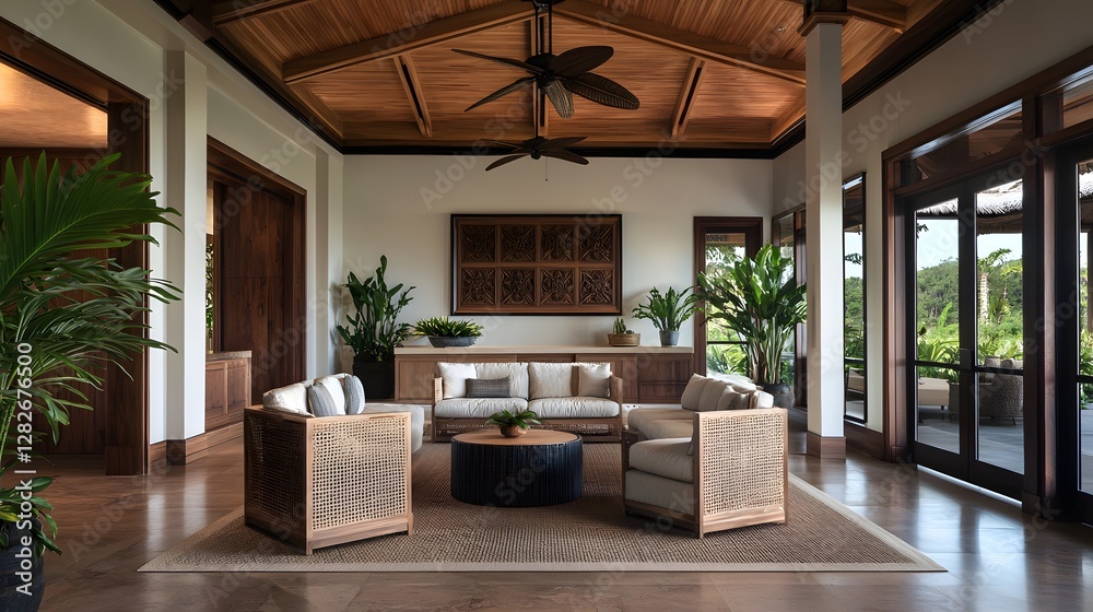 Naklejka premium Elegant Tropical Reception Area Featuring Intricate Design Elements and Lush Greenery