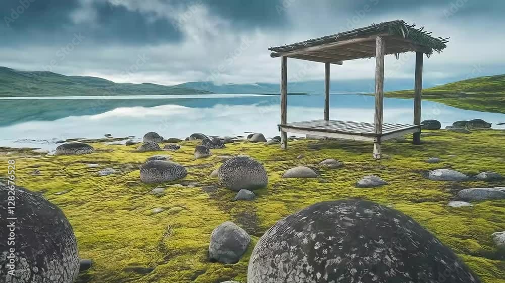 A serene landscape with large, moss-covered rocks, green ground cover, still water, and distant hills