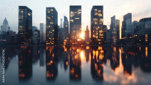 Stunning Cityscape Reflection at Sunset  Modern Skyscrapers  Urban Skyline