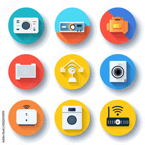 Assorted household appliances on colorful round backgrounds flat design