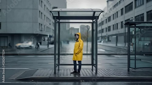 Wallpaper Mural Man at a bus stop while raining, but he has a slight smile on his face and turning his face Torontodigital.ca