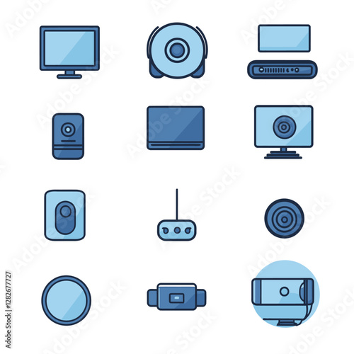 Blue icon set featuring computer monitor, webcam and wireless router