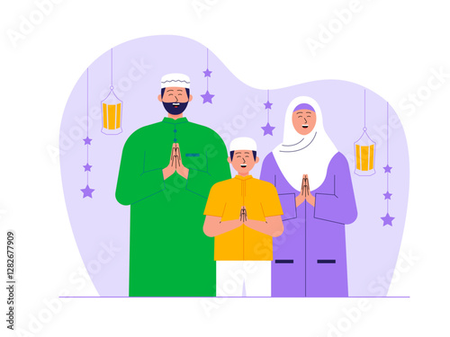 Muslim family wishes on ramadan Illustration. Eid illustration. Flat vector illustration concept