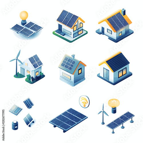 Isometric Houses with Solar Panels and Wind Turbines for Clean Energy