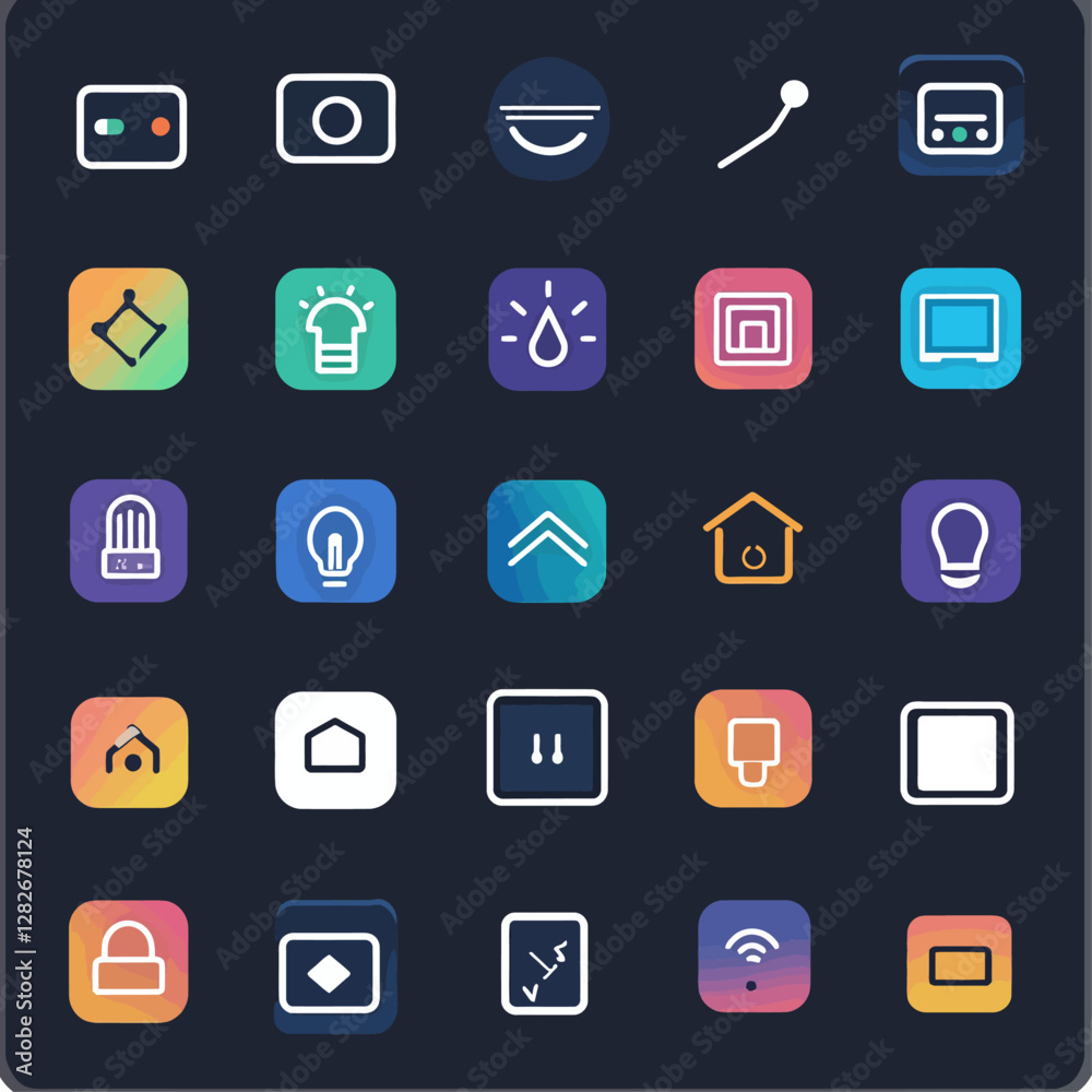 Smart home automation system interface vector icons set on dark background Smart home automation system interface vector icons set on dark background