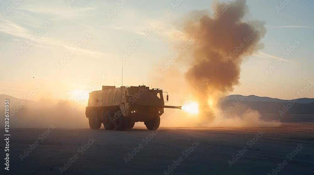 Fototapeta premium A photo of a state of the art self propelled artillery system firing a round at sunset with smoke and flames erupting from the muzzle of the cannon