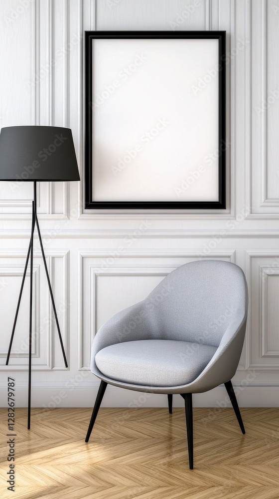 Fototapeta premium Modern Living Room with Patterned Armchair and Blank Frame