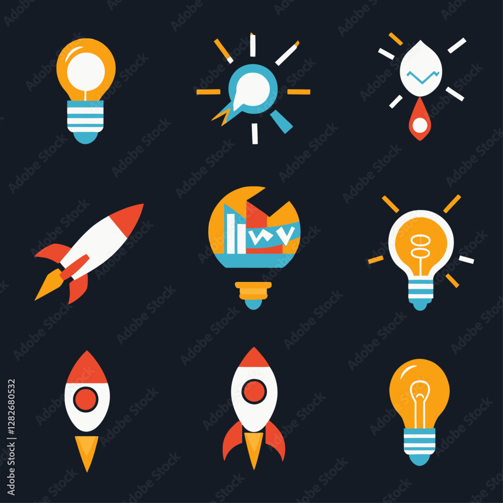 Creative light bulb icons and rockets for innovation and business start-up