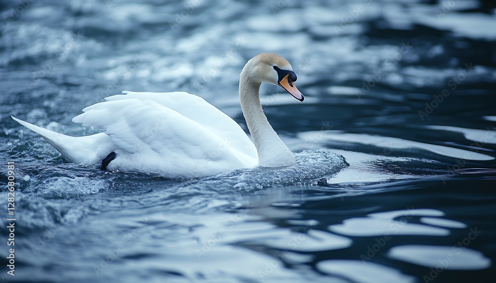 Obraz premium Swan swimming, river, water, nature, calm