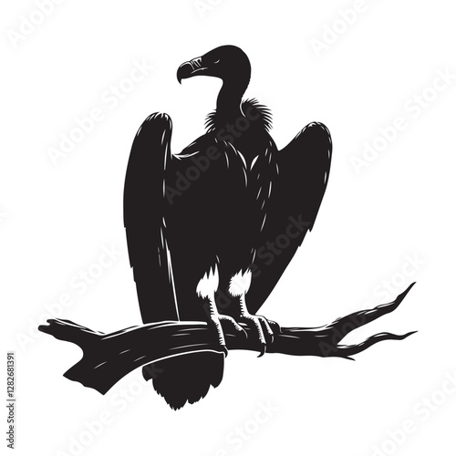 Vulture perched on a branch Silhouette Vector Illustration, Solid White Background.