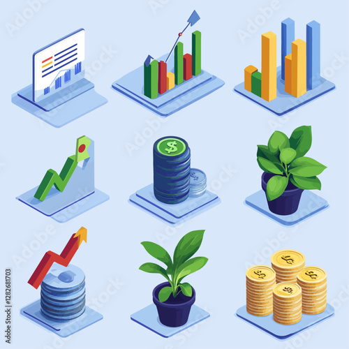 Isometric Financial Growth Chart and Coin Stacks, Business Investment Concept
