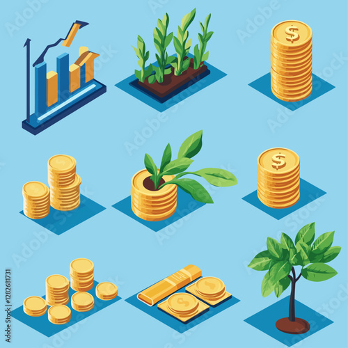 Financial Growth Concept with Plants, Coins, and Rising Graph Isometric
